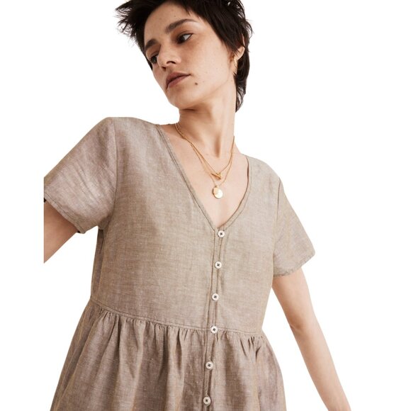 Madewell Linen-Blend Alexandra Button-Front Mini Dress Womens Large Olive Branch - Picture 2 of 14